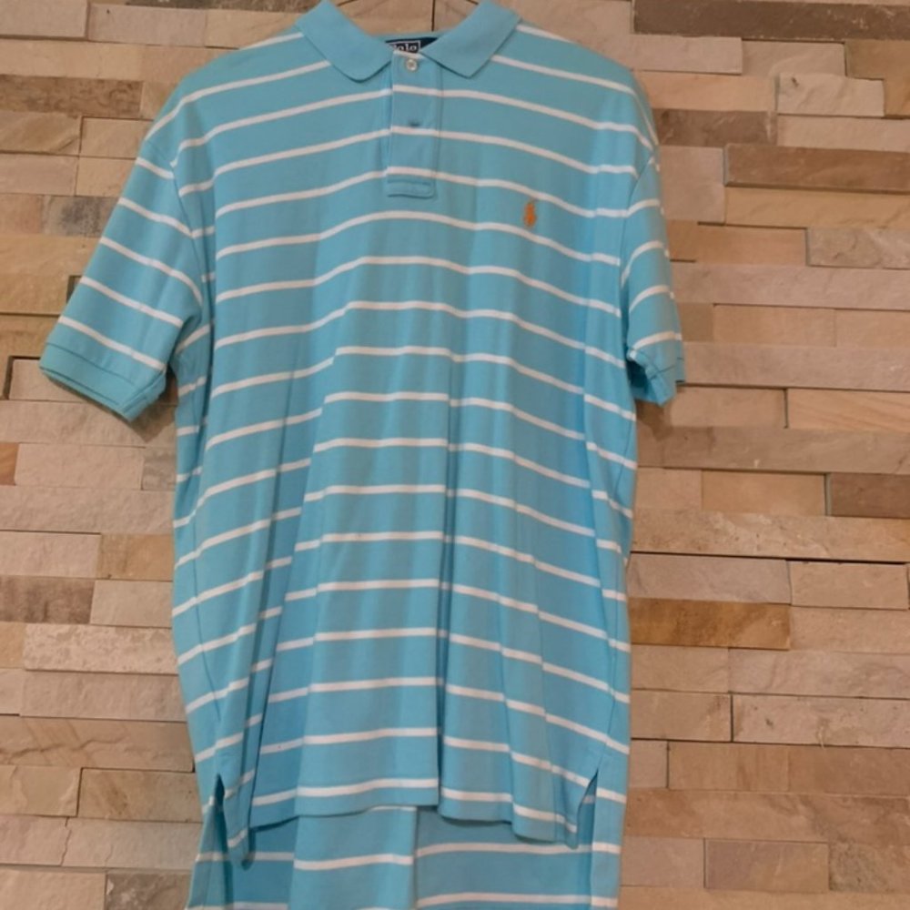 Polo by Ralph Lauren Sky Blue polo with White Stripes & Orange Logo SZ Medium